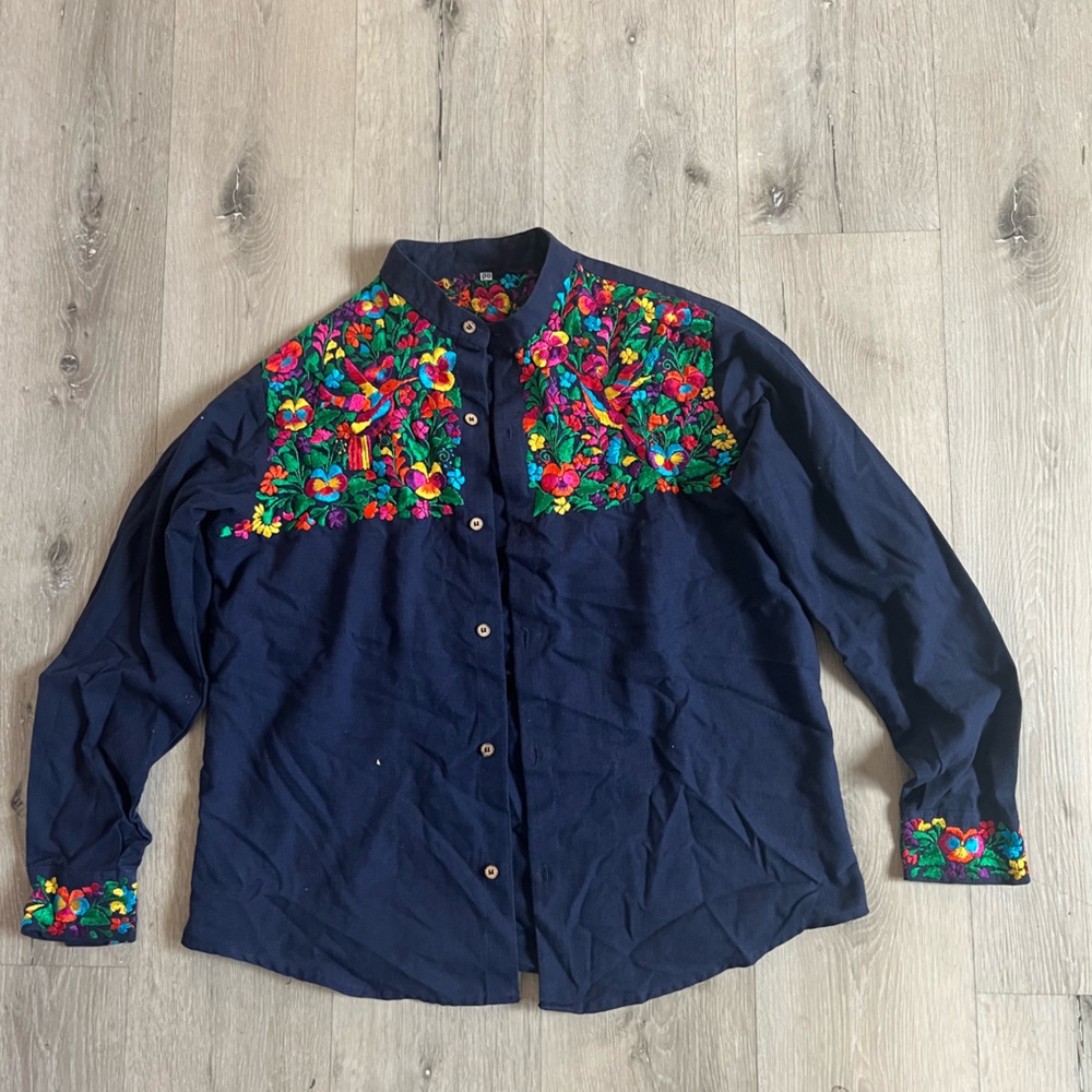 Navy Shirt with Colorful Embroidery